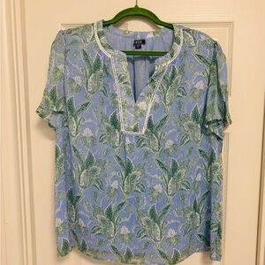 Izod Blue and Green Short Sleeve Blouse with Mandarin Collar